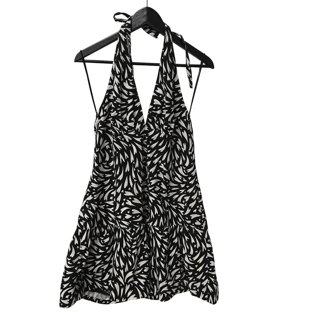 Free People‎ Black White Abstract Print Halter Mini Dress Large NWT